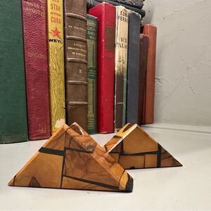 Vintage MCM wood pressed handle stock holders geometric triangle wood candle